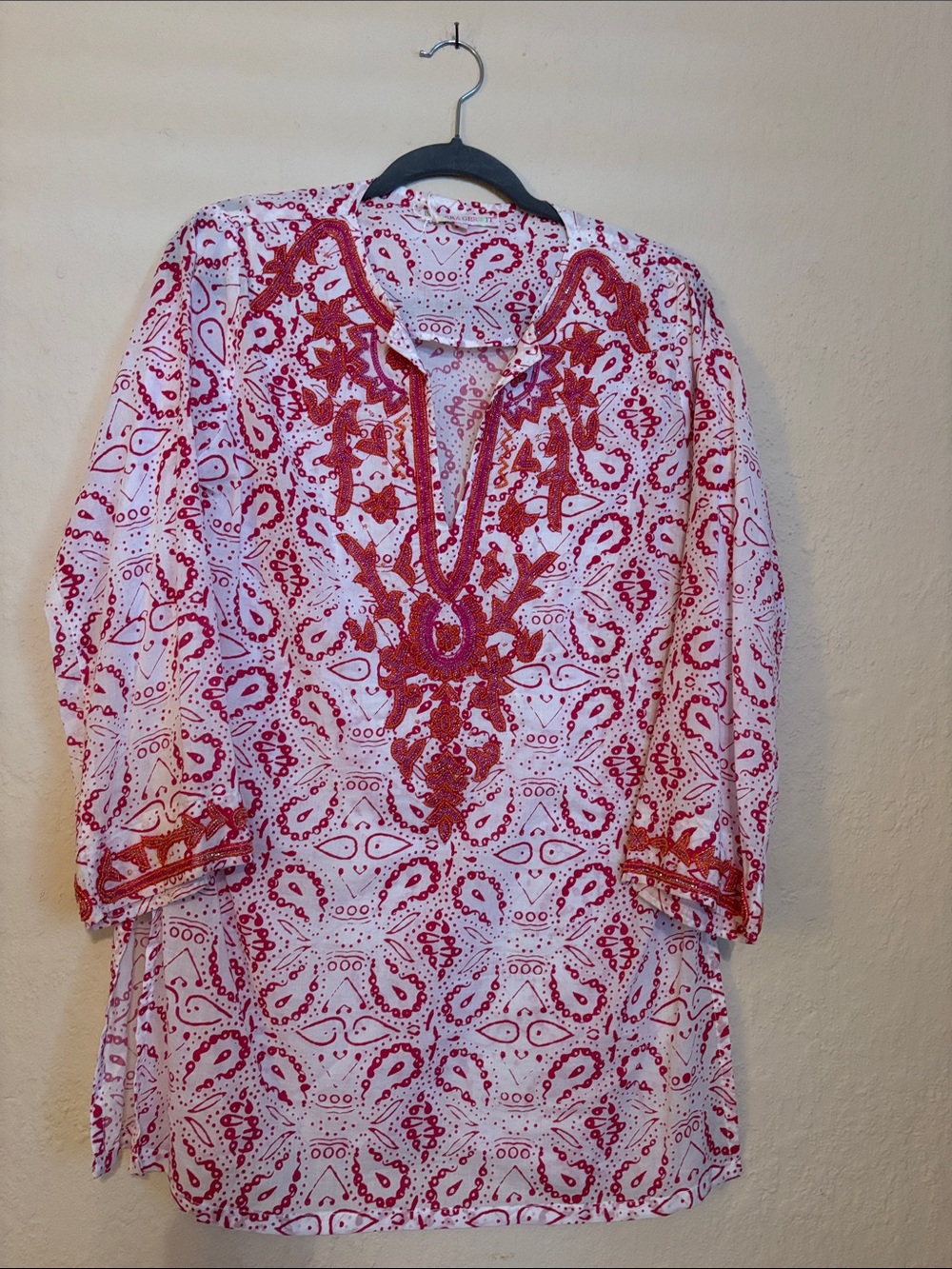 Women's White Tunic with Red Embroidered Paisley Detail